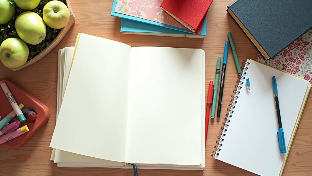 Verschillende soorten notitieboeken en journalsmet kleurrijke pens op tafel, bovenaanzicht