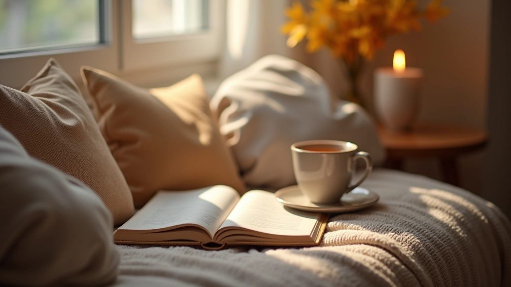 Comfortabele leeshoek met kussen, notitieboek en warme drank, stille plek voor reflectie