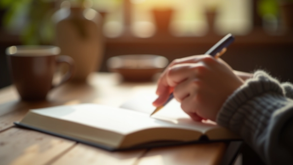 Iemand schrijft in een dagboek met een kopje thee