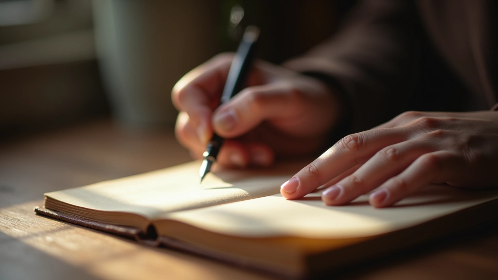 Persoon die schrijft met vintage pen in antiek notitieboek