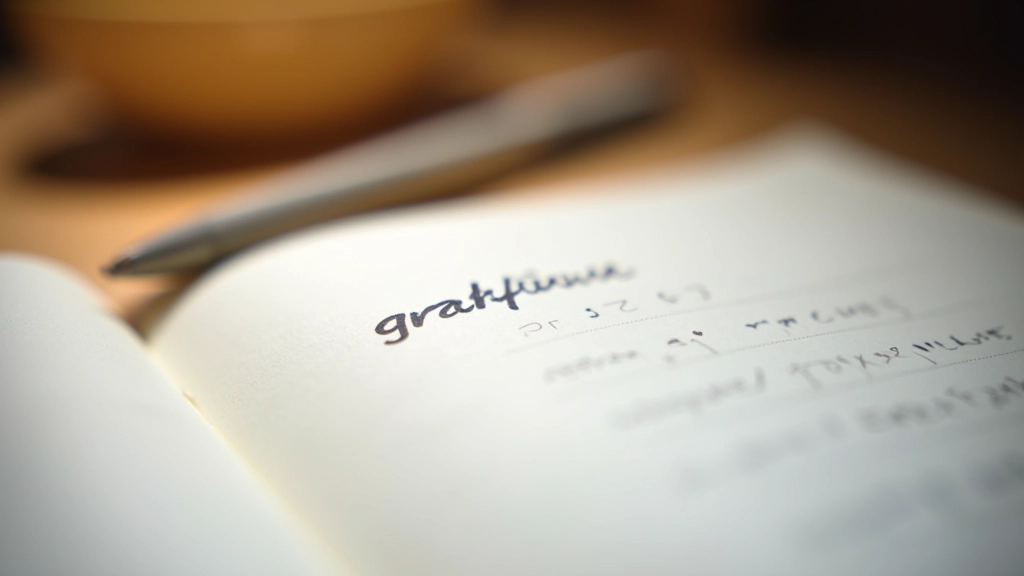 Close-up van handschrift in notitieboek met dankbaarheidspunten en pen