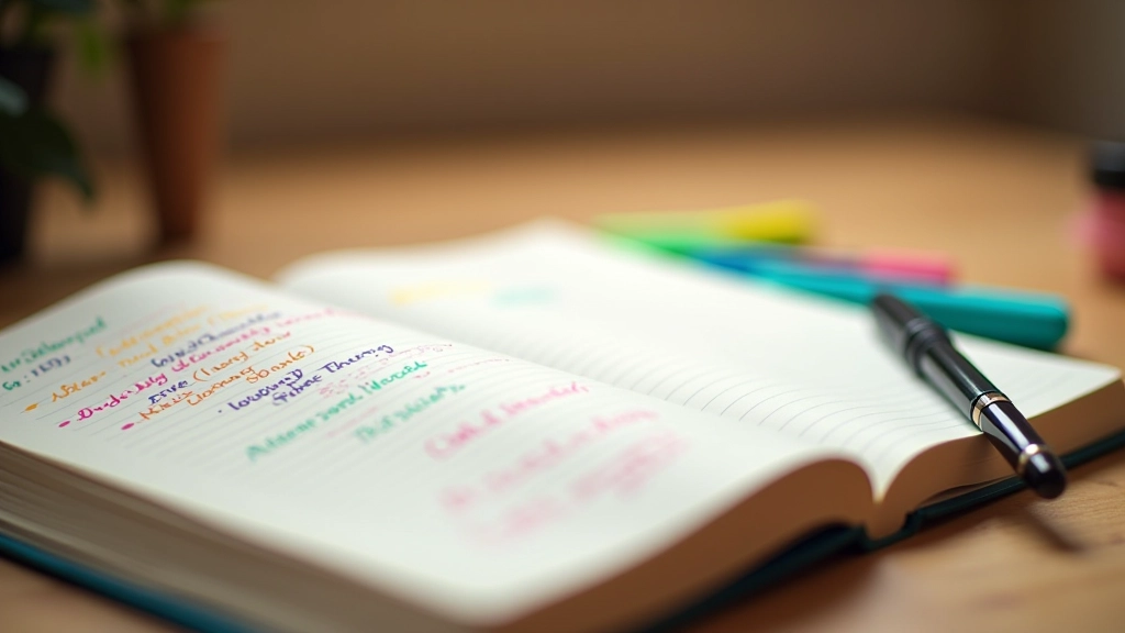 Geopende dagboek met kleurrijke notities, highlights en handgeschreven aantekeningen