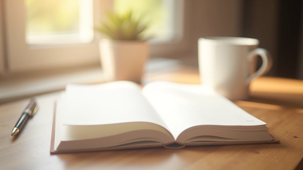 Open notitieboek met zachte natuurlijke verlichting op houten oppervlak met pen en kopje thee