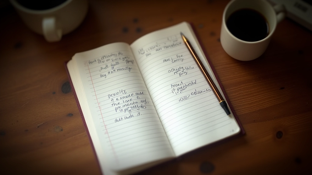 Open notitieboek met handschrift op houten bureau met koffiekopje en pen