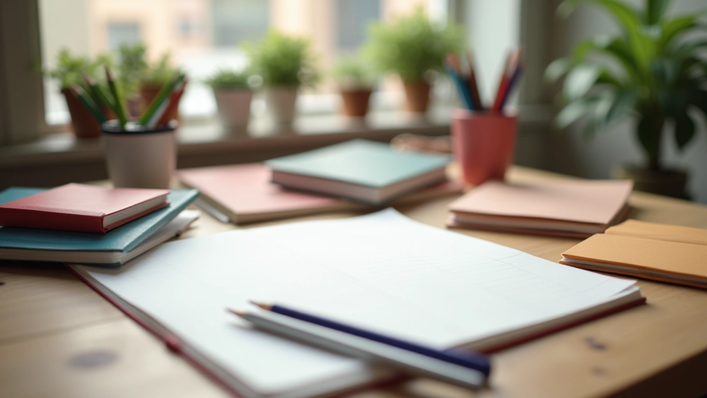 Bureauruimte met meerdere gekleurde notitieblokken, schrijfmaterialen en georganiseerde journaling setup