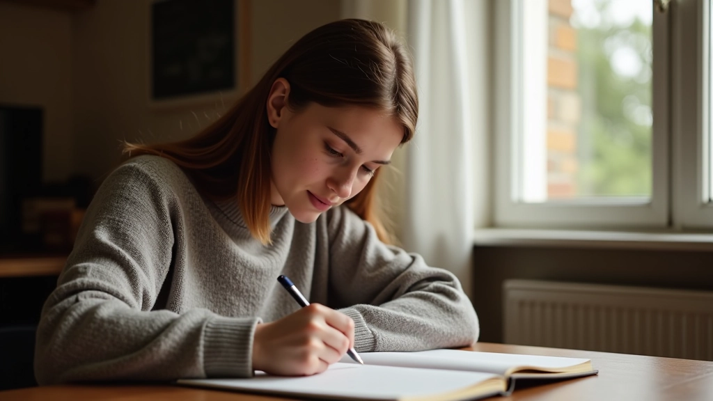 Persoon schrijft intensief in notitieboek, focus op het schrijfproces en gevoelsverwerking