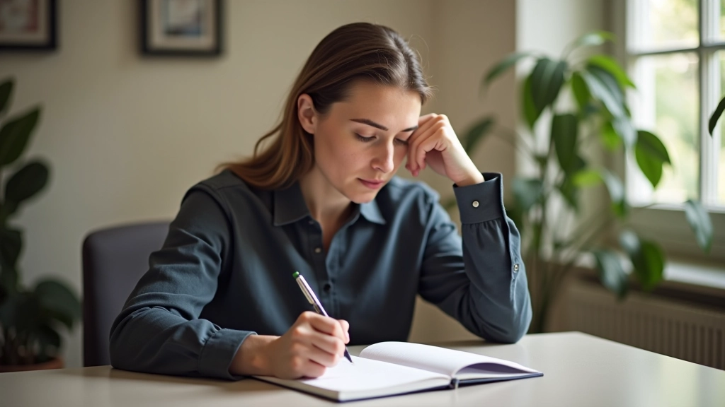Iemand zit aan een bureau en denkt na met een lege bladzijde voor zich, wat twijfel uitstraalt