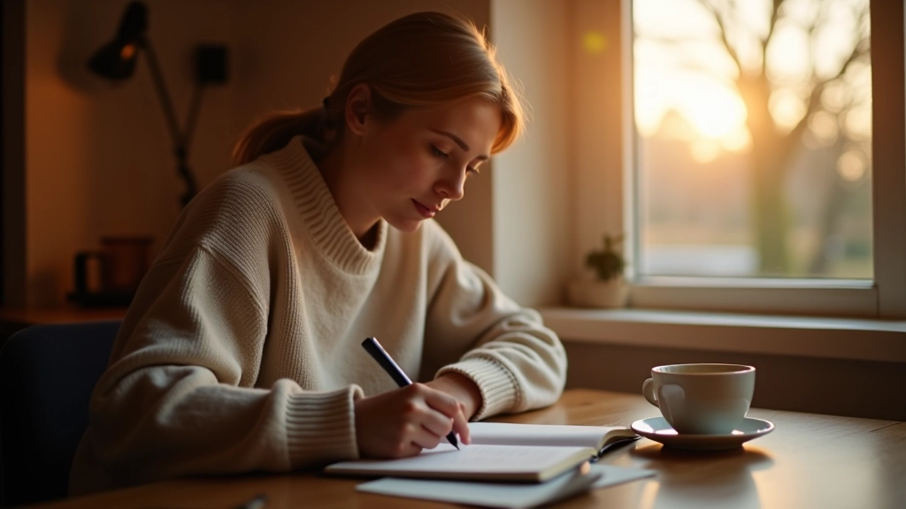 Persoon schrijft in de vroege ochtend bij warm licht met koffie op het bureau