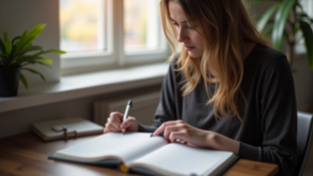 Persoon schrijft in dagboek met vragen over emoties en gevoelens