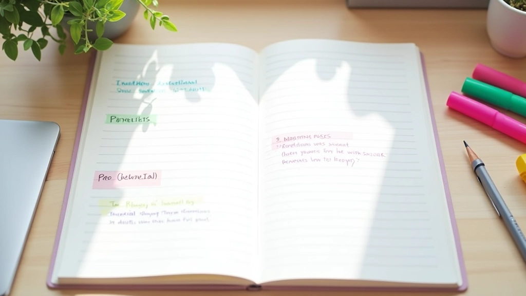 Gestructureerde journaling prompts geschreven op witte bladen met kleurrijke markeringen