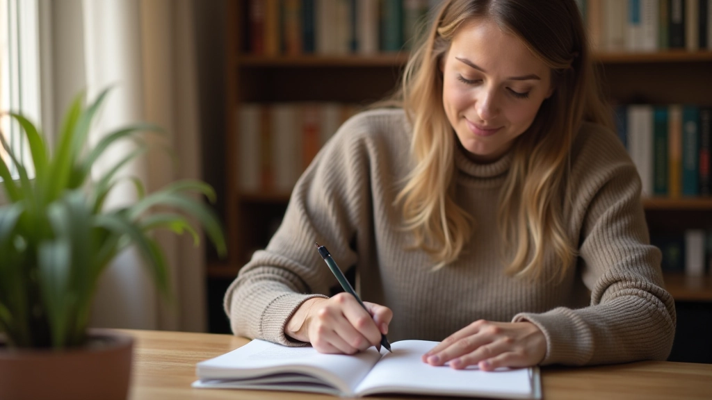 Persoon die reflectief in notitieboek schrijft met warme verlichting in een stille ruimte