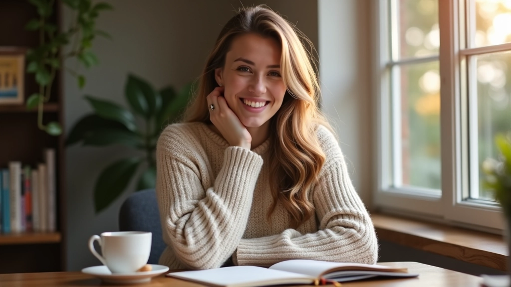 Persoon zit aan bureau met kopje thee en schrijft in dagboek, ochtendlicht