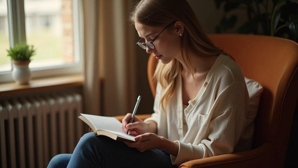 Meisje schrijft in haar dagboek in een cozy hoekje thuis